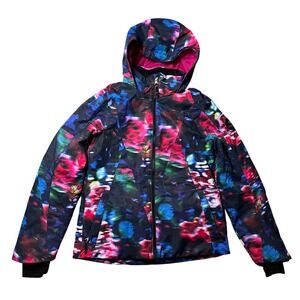 Obermeyer Teen Girls L 14-16 Ski Jacket Floral Multi Color Insulated Hooded Pink
